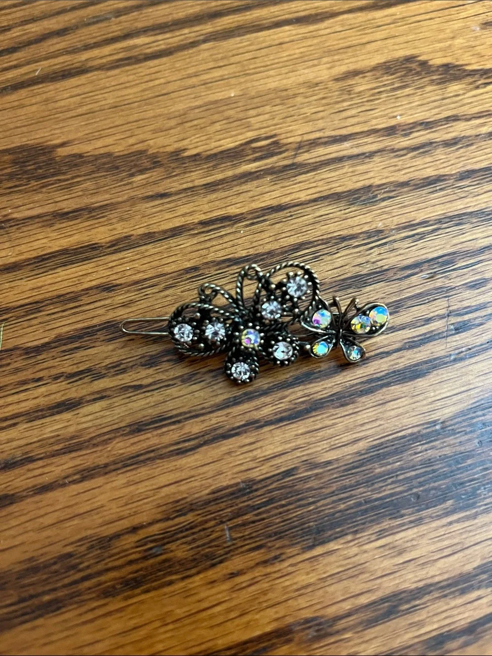 Antique Gold Floral Rhinestone Butterfly Hair Clip with Aurora Stones